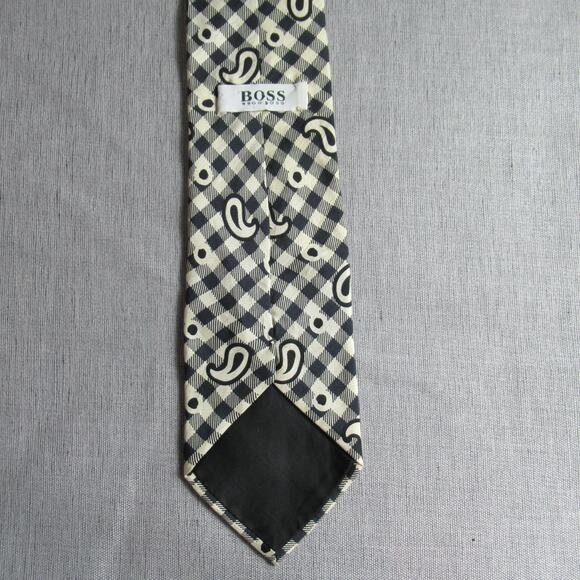 Vtg Hugo Boss Luxury Tie Black Cream Paisley Check Print 60" Silk Necktie Italy - Picture 1 of 7